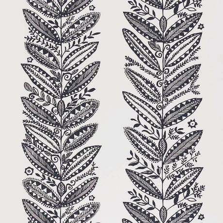 ELAND wallpaper in black by Schumacher, featuring a Scandinavian modern botanical pattern with stylized leaves and intricate details.