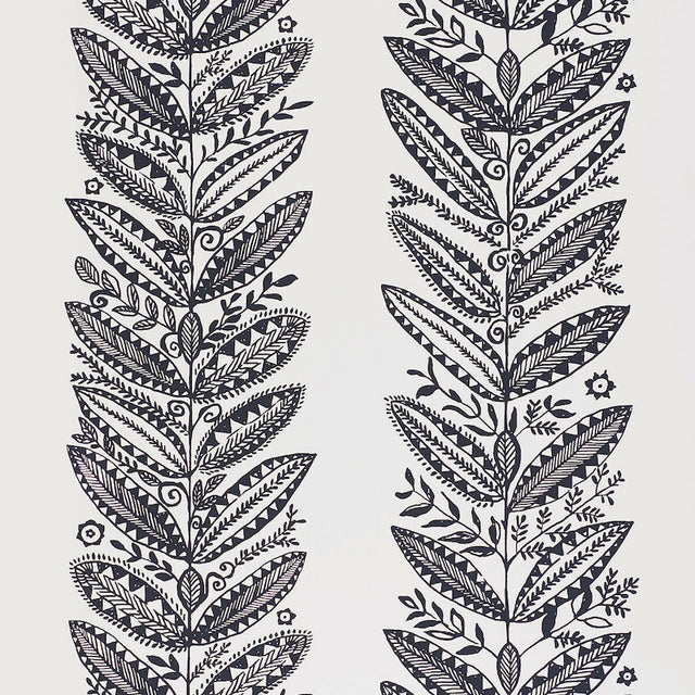 ELAND wallpaper in black by Schumacher, featuring a Scandinavian modern botanical pattern with stylized leaves and intricate details.