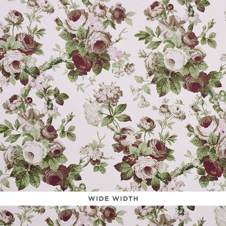 Nancy Floral wallpaper in Grisaille by Schumacher, featuring lush rose blossoms and green foliage in a classic floral pattern.