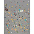 Queen's Flight Panel Set by Peg Norriss for Schumacher features a whimsical array of birds and butterflies on a grey background.