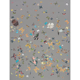 Queen's Flight Panel Set by Peg Norriss for Schumacher features a whimsical array of birds and butterflies on a grey background.