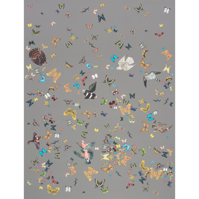 Queen's Flight Panel Set by Peg Norriss for Schumacher features a whimsical array of birds and butterflies on a grey background.