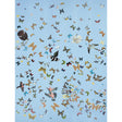 Queen's Flight Panel Set wallpaper in sky blue with a collage of colorful birds and butterflies by Peg Norriss for Schumacher.