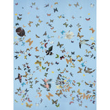 Queen's Flight Panel Set wallpaper in sky blue with a collage of colorful birds and butterflies by Peg Norriss for Schumacher.