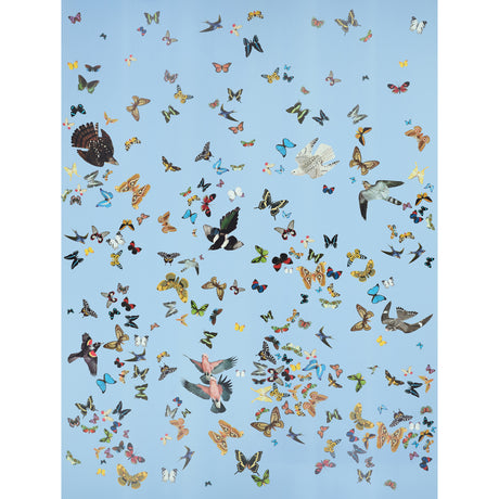Queen's Flight Panel Set wallpaper in sky blue with a collage of colorful birds and butterflies by Peg Norriss for Schumacher.