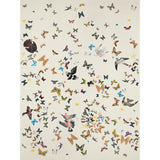 Queen's Flight Panel Set wallpaper by Peg Norriss for Schumacher, featuring a sand background with colorful birds and butterflies in flight.