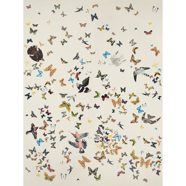 Queen's Flight Panel Set wallpaper by Peg Norriss for Schumacher, featuring a sand background with colorful birds and butterflies in flight.