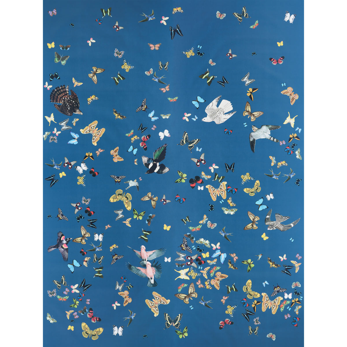 Queen's Flight Panel Set wallpaper in navy by Peg Norriss for Schumacher, featuring birds and butterflies on a blue background.
