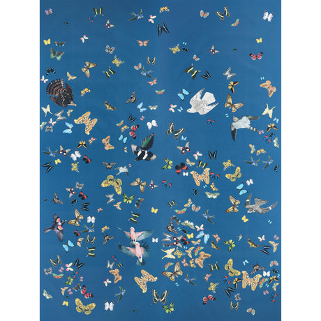 Queen's Flight Panel Set wallpaper in navy by Peg Norriss for Schumacher, featuring birds and butterflies on a blue background.