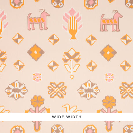 Chuska Warp Print wallpaper in pink and orange with whimsical horses, birds, and floral motifs in an ikat-inspired design.