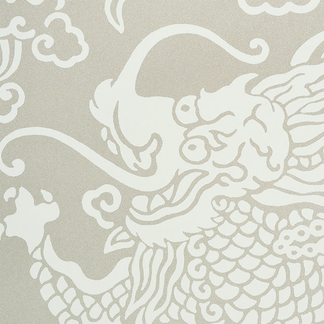 Ruan Dragon Damask Warm Silver by Schumacher Art Deco Chinoiserie Wallpaper – Schumacher 5010880
