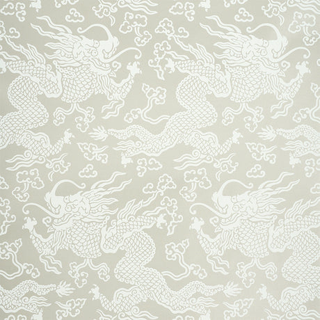 Ruan Dragon Damask wallpaper in warm silver with Art Deco chinoiserie dragon motif by Schumacher