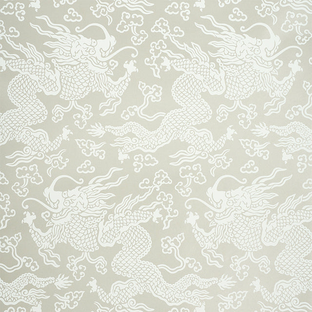 Ruan Dragon Damask wallpaper in warm silver with Art Deco chinoiserie dragon motif by Schumacher