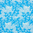 Blue and white dragon damask wallpaper with Art Deco chinoiserie design by Schumacher, styled in a modern bedroom setting.