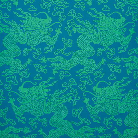 Ruan Dragon Damask wallpaper in Peacock by Schumacher, featuring a vibrant Art Deco chinoiserie dragon pattern in blue and green tones.