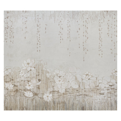 Ethereal water garden mural wallpaper with lily pads, lotuses, and wispy vines in blush tones by Colette Cosentino for Schumacher.