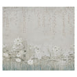 Ethereal water garden mural wallpaper with lily pads, lotuses, and wispy vines in soft leaf tones by Colette Cosentino for Schumacher.