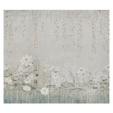 Ethereal water garden mural wallpaper with lily pads, lotuses, and wispy vines in soft leaf tones by Colette Cosentino for Schumacher.