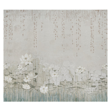 Ethereal water garden mural wallpaper with lily pads, lotuses, and wispy vines in soft leaf tones by Colette Cosentino for Schumacher.