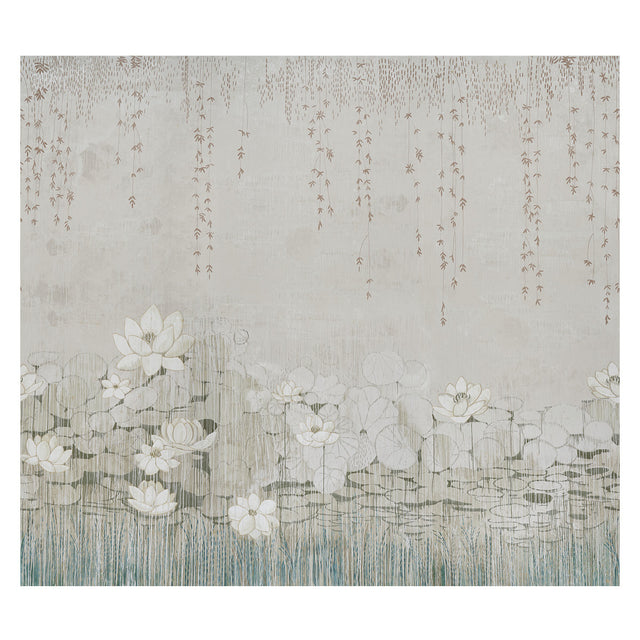 Ethereal water garden mural wallpaper with lily pads, lotuses, and wispy vines in soft leaf tones by Colette Cosentino for Schumacher.