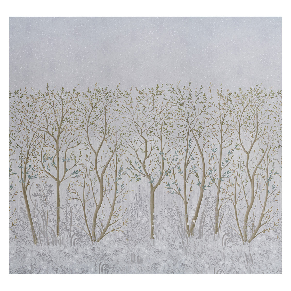 Brindille Golden Accented Panel Set wallpaper by Colette Cosentino for Schumacher, featuring a dreamy forest scene in dove and gold tones.