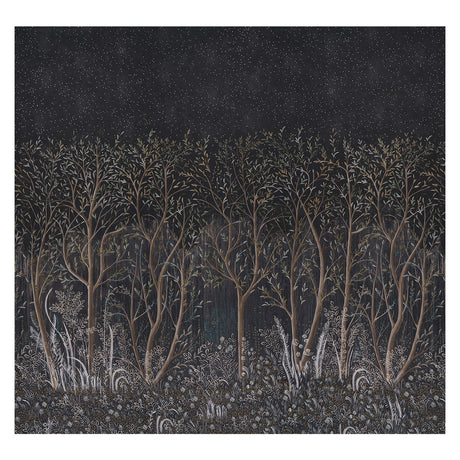 Brindille Golden Accented Panel Set by Colette Cosentino for Schumacher. Dark, moody forest mural with golden accents and intricate tree details.