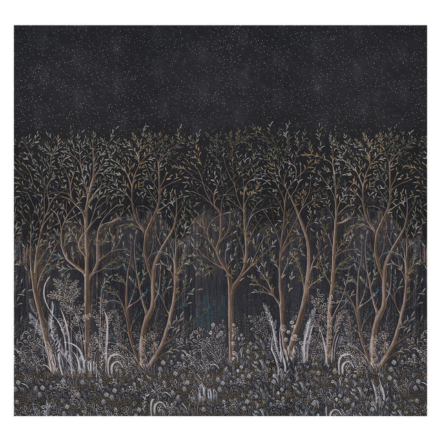 Brindille Golden Accented Panel Set by Colette Cosentino for Schumacher. Dark, moody forest mural with golden accents and intricate tree details.