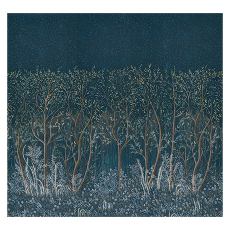 Brindille Golden Accented Panel Set by Colette Cosentino for Schumacher, featuring a dark, moody forest scene with golden accents and intricate botanical details.
