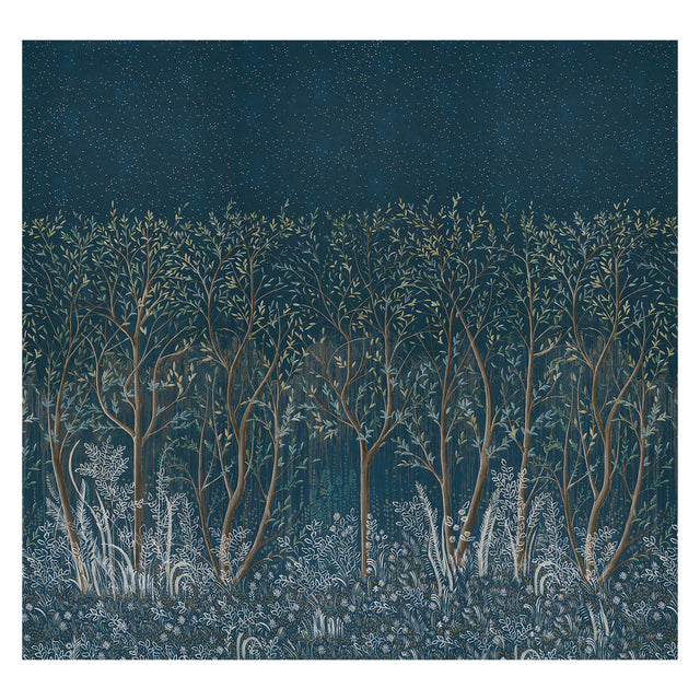 Brindille Golden Accented Panel Set by Colette Cosentino for Schumacher, featuring a dark, moody forest scene with golden accents and intricate botanical details.