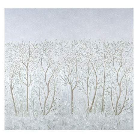 Brindille Golden Accented Panel Set by Colette Cosentino for Schumacher. Artistic forest mural in mineral tones with delicate tree and leaf details.