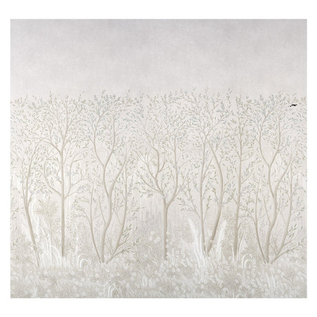 Brindille Golden Accented Panel Set wallpaper by Colette Cosentino for Schumacher, featuring an alabaster forest scene with delicate golden accents.