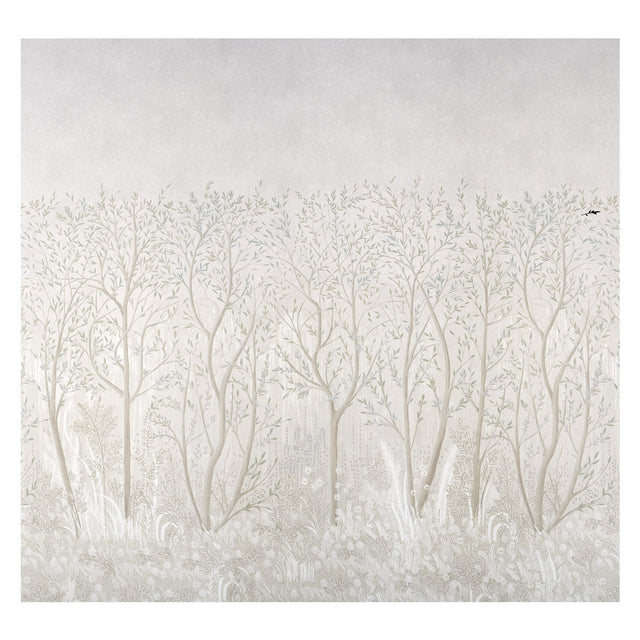 Brindille Golden Accented Panel Set wallpaper by Colette Cosentino for Schumacher, featuring an alabaster forest scene with delicate golden accents.