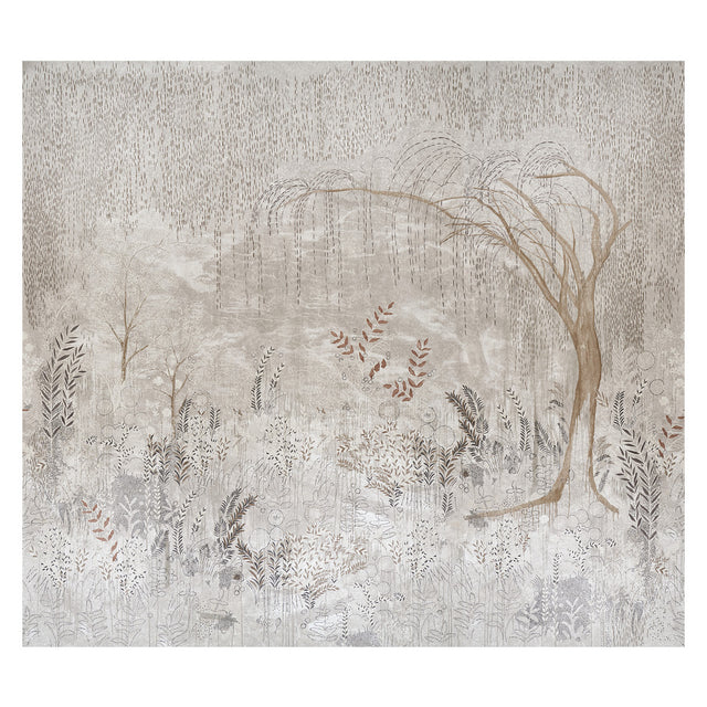 BISOU PANEL SET mural wallpaper in Tin by Colette Cosentino for Schumacher, featuring a dreamy weeping willow landscape in soft neutral tones.