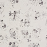 Toile de Femmes wallpaper by Schumacher featuring whimsical line drawings of women in various activities on a parchment background.