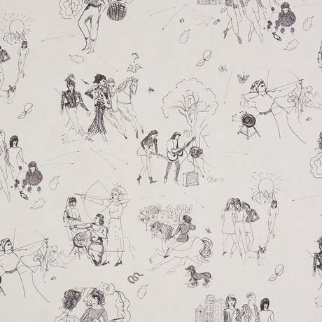 Toile de Femmes wallpaper by Schumacher featuring whimsical line drawings of women in various activities on a parchment background.
