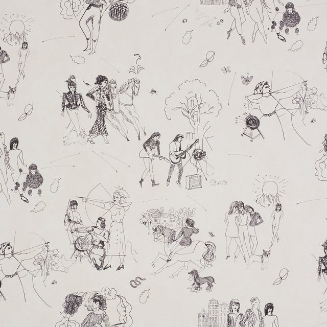 Toile de Femmes wallpaper by Schumacher featuring whimsical line drawings of women in various activities on a parchment background.