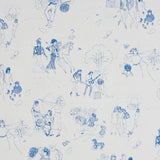Toile de Femmes Indigo wallpaper by Schumacher featuring whimsical blue line drawings of women in various activities on a white background.