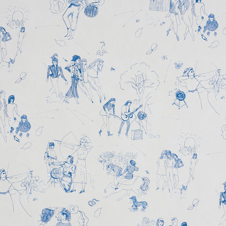 Toile de Femmes Indigo wallpaper by Schumacher featuring whimsical blue line drawings of women in various activities on a white background.