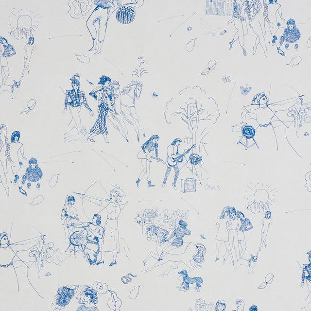 Toile de Femmes Indigo wallpaper by Schumacher featuring whimsical blue line drawings of women in various activities on a white background.