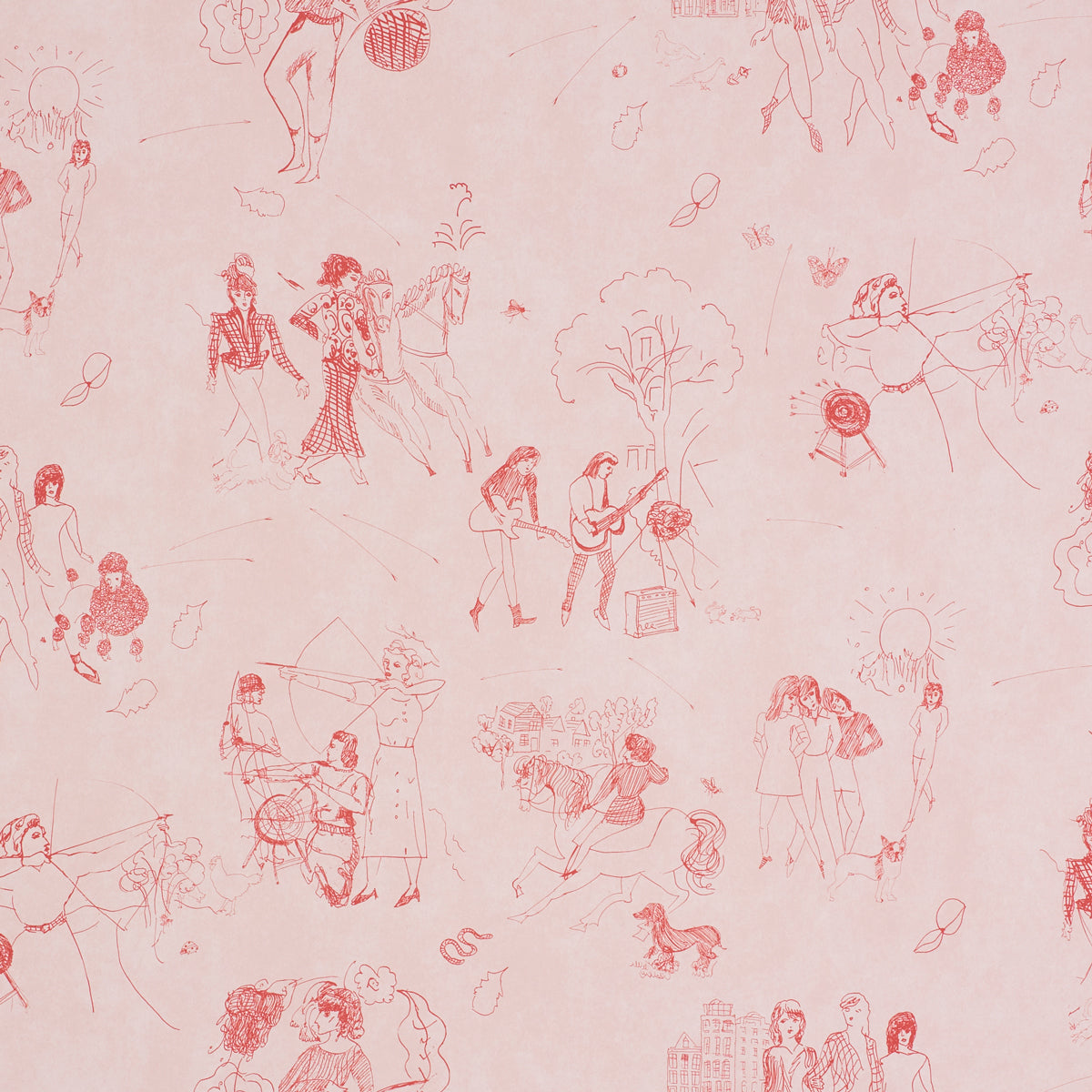 Toile de Femmes wallpaper in Poppy by Peg Norriss for Schumacher, featuring whimsical line drawings of women in various activities on a pink background.