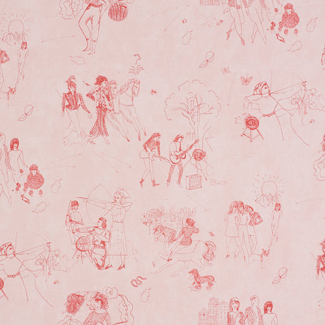Toile de Femmes wallpaper in Poppy by Peg Norriss for Schumacher, featuring whimsical line drawings of women in various activities on a pink background.