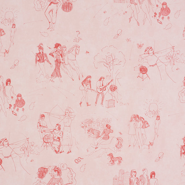 Toile de Femmes wallpaper in Poppy by Peg Norriss for Schumacher, featuring whimsical line drawings of women in various activities on a pink background.