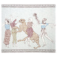 The Golden Age Panel Set by Peg Norriss for Schumacher, whimsical mural with dancing figures and animal in cyan multi colorway