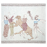 The Golden Age Panel Set by Peg Norriss for Schumacher, whimsical mural with dancing figures and animal in cyan multi colorway