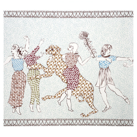 The Golden Age Panel Set by Peg Norriss for Schumacher, whimsical mural with dancing figures and animal in cyan multi colorway