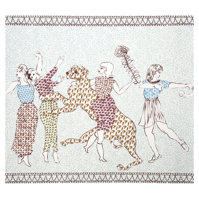 The Golden Age Panel Set by Peg Norriss for Schumacher, whimsical mural with dancing figures and animal in cyan multi colorway
