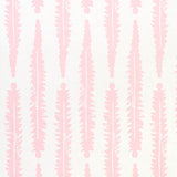 Fern Pink by Molly Mahon for Schumacher. Graphic hand block print inspired by English countryside foliage, shown in pink on white.