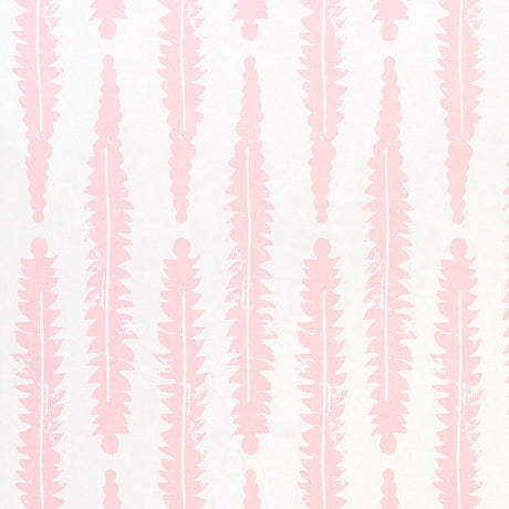 Fern Pink by Molly Mahon for Schumacher. Graphic hand block print inspired by English countryside foliage, shown in pink on white.