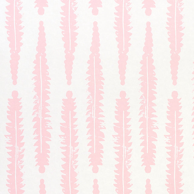 Fern Pink by Molly Mahon for Schumacher. Graphic hand block print inspired by English countryside foliage, shown in pink on white.