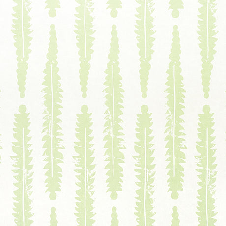 Fern Sage by Molly Mahon for Schumacher – graphic botanical wallpaper in a hand block print style, shown in light green on white.